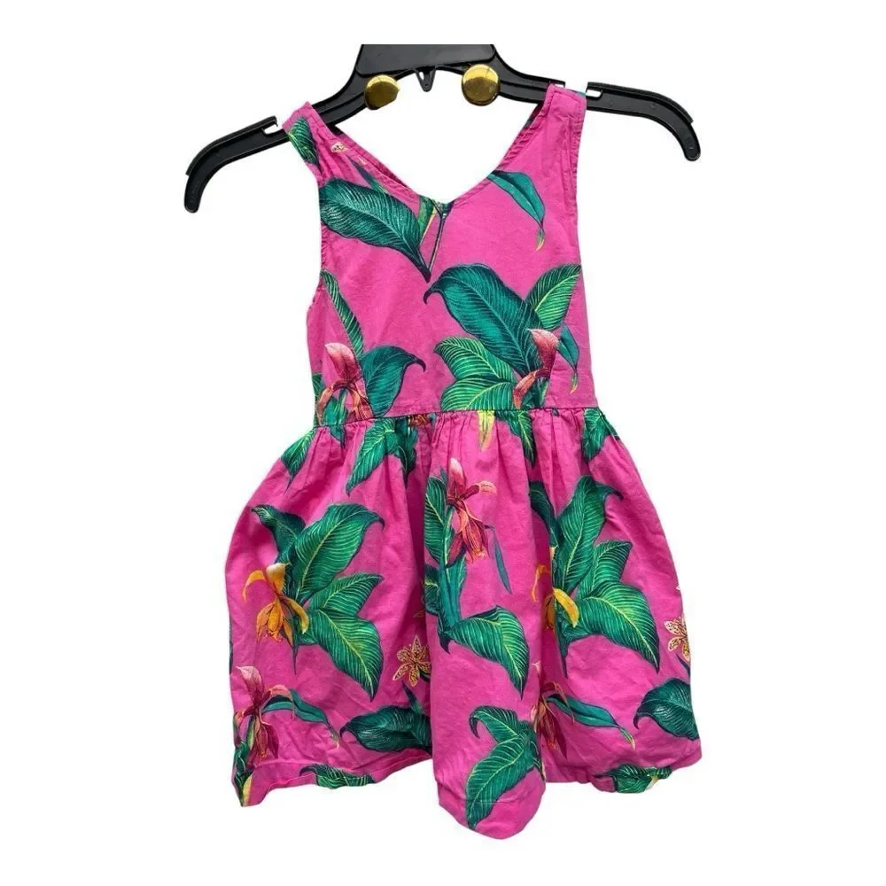 Gap Kids Girls Size S Tropical Pink Criss Cross Back Dress with Green Leaf Print